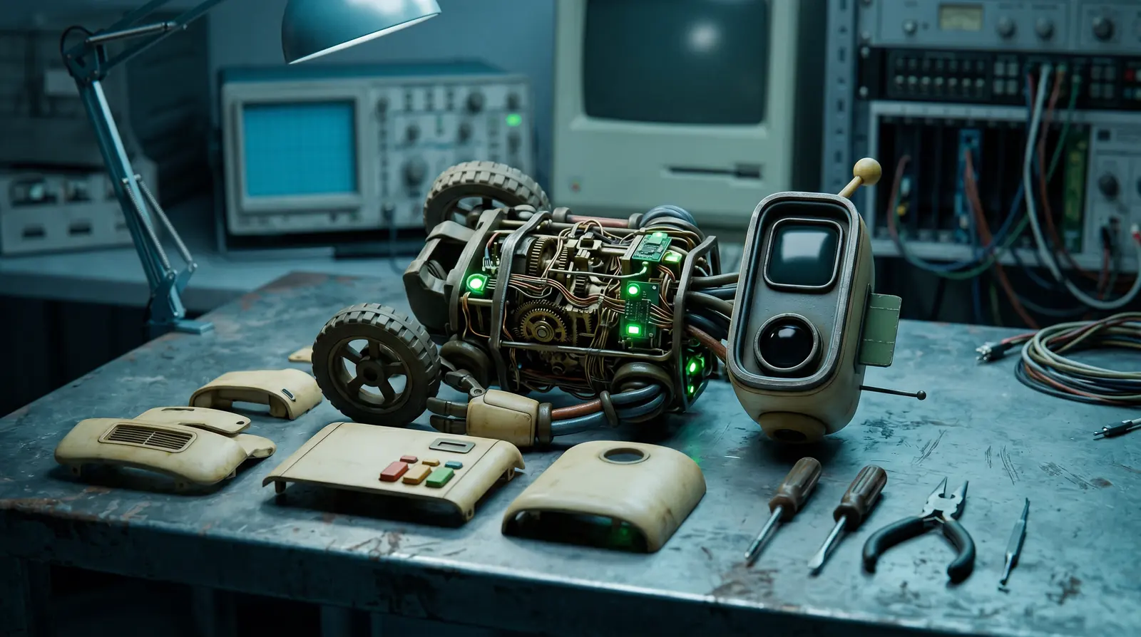 Byte desmontado em uma bancada de laboratório retrô.
