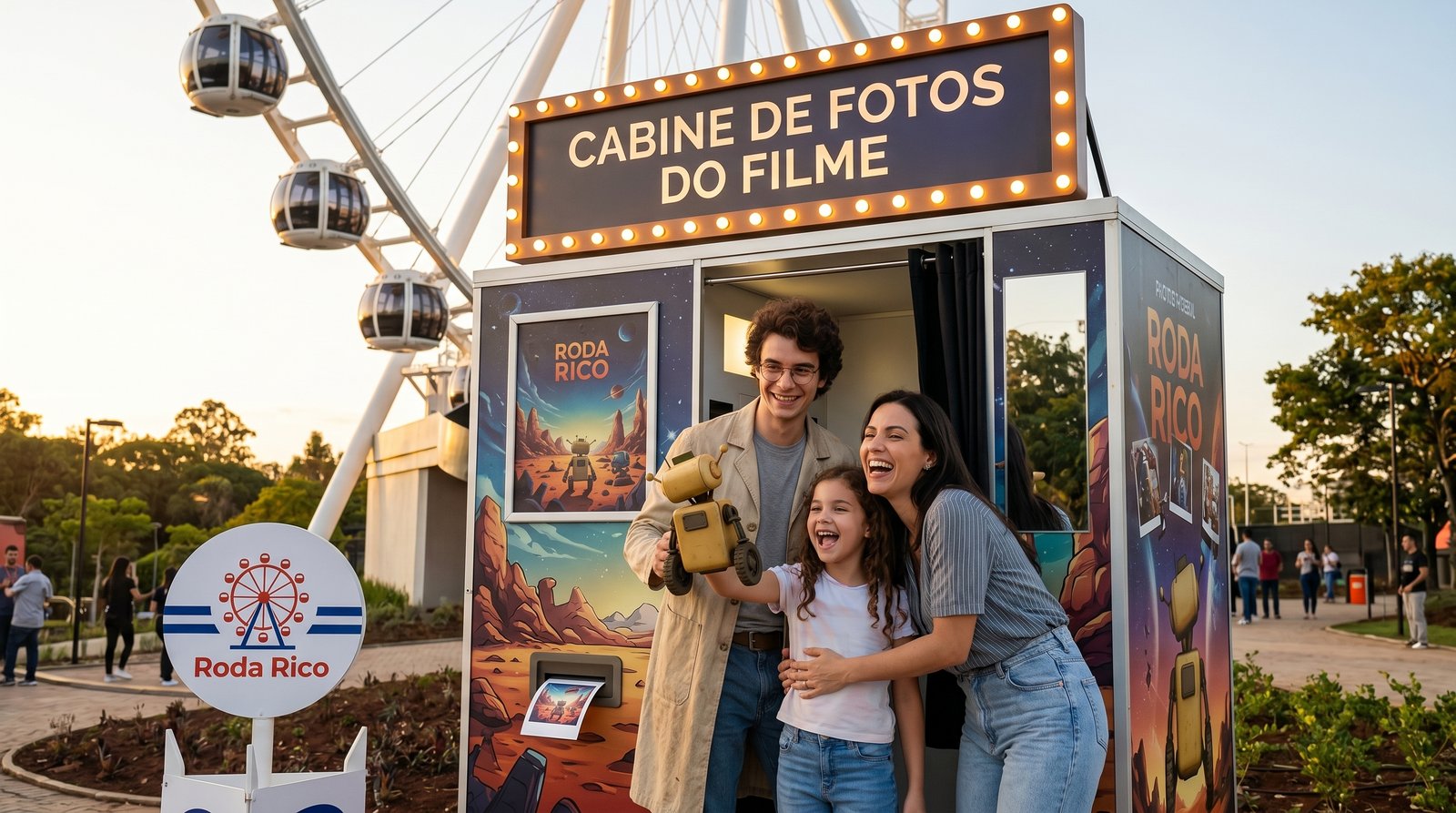 Foto publicitária de cabine tematizada em roda-gigante à beira-mar
