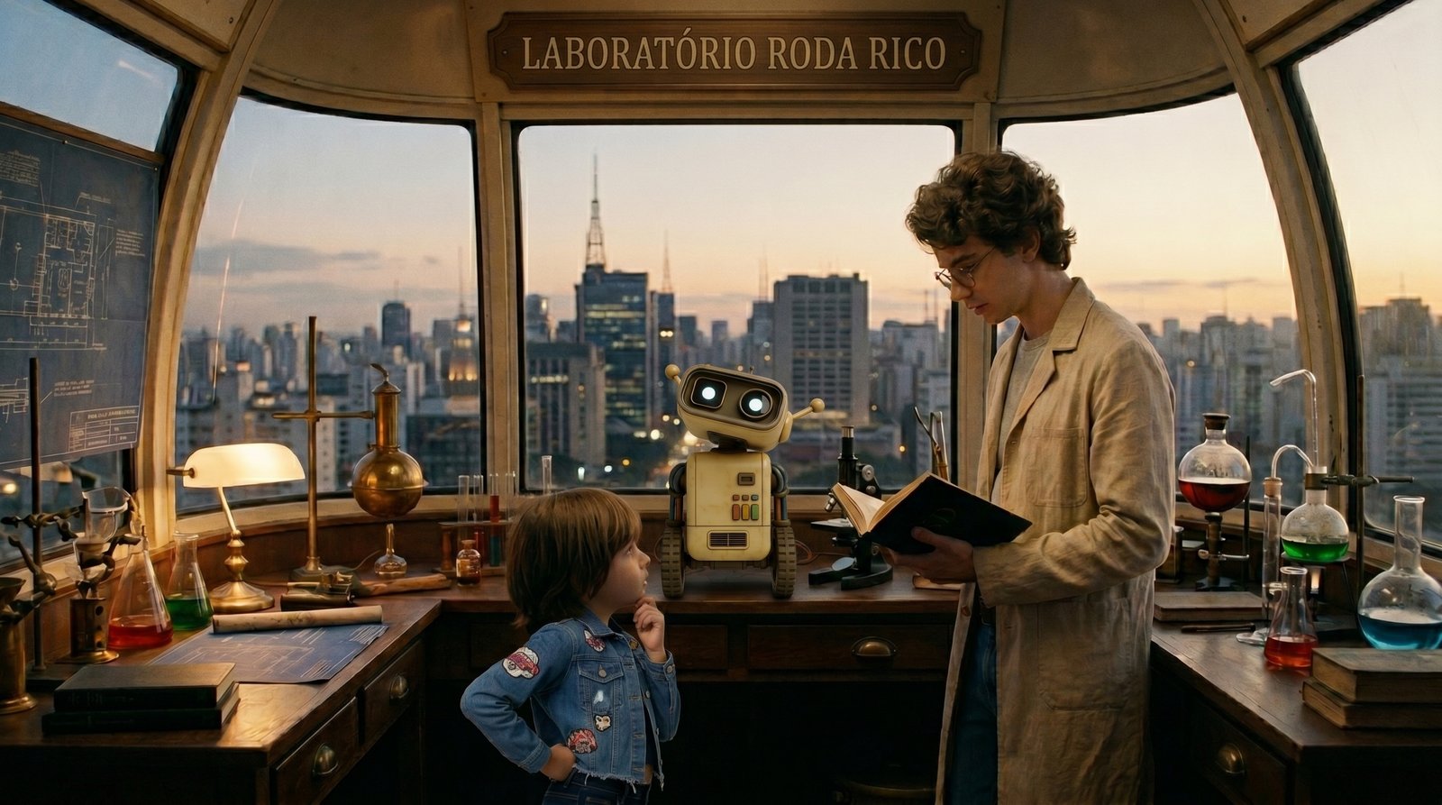 Robô Byte em posição de destaque no alto da atração